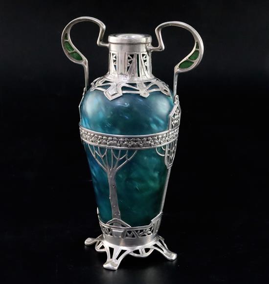 An early 20th century Austrian? Art Nouveau silver mounted two handled blue/green glass vase,